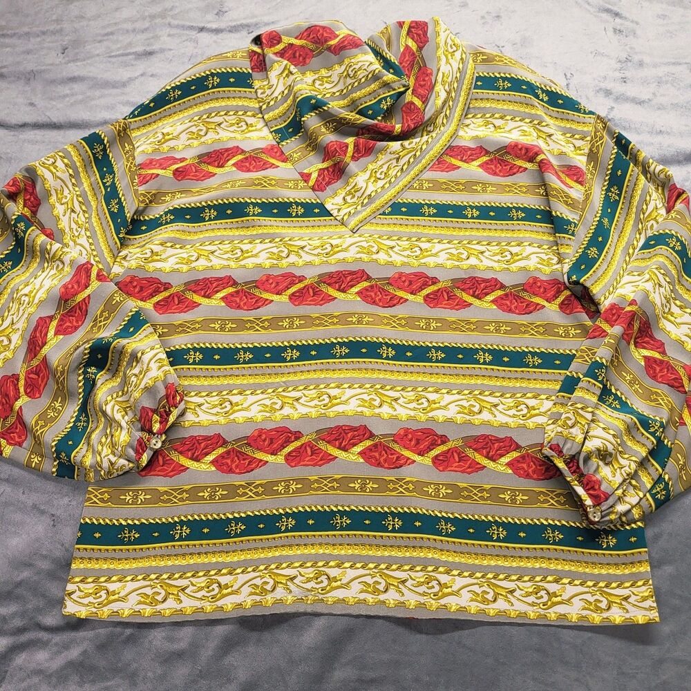 ELLEN TRACY Linda Allard 100% SILK Blouse 80's Career Kerchief Neck Bold Size 10